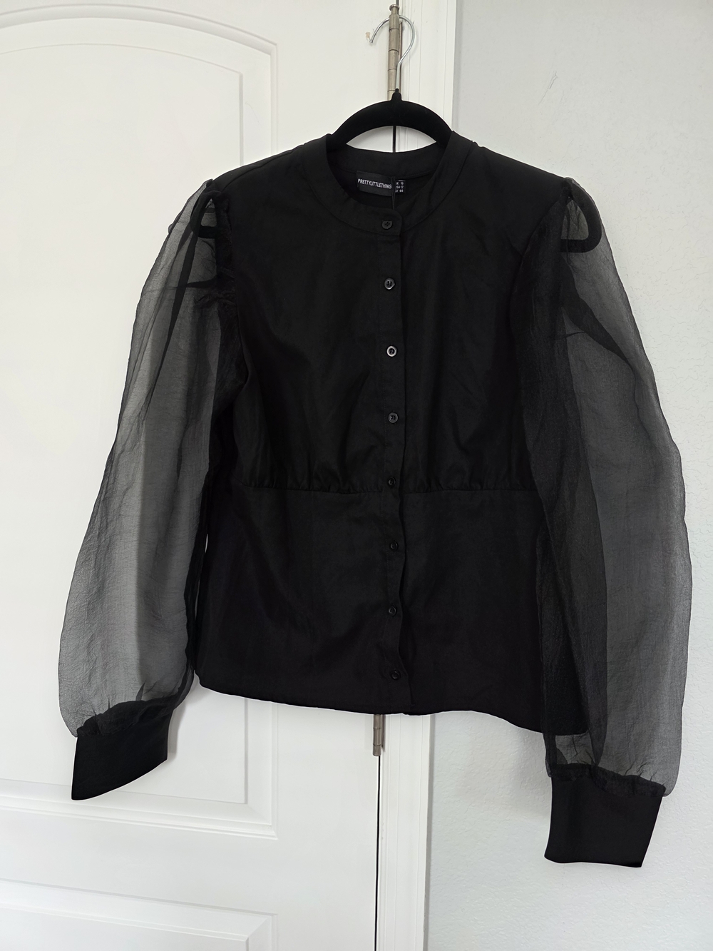 PrettyLittleThing Black Button-Front Shirt with Sheer Puff Sleeves